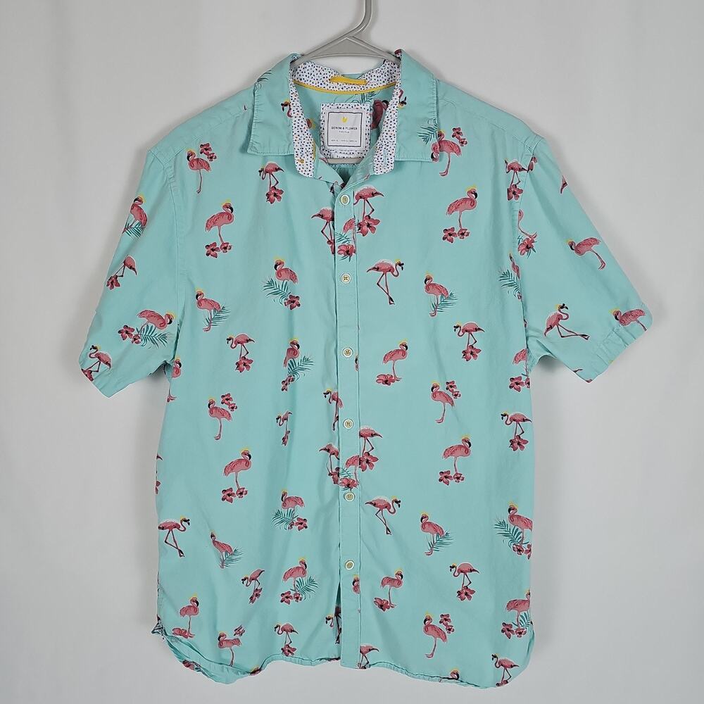 Denim & Flower Ricky Singh Flamingo Button Up Slim Fit Short Sleeve Shirt XL